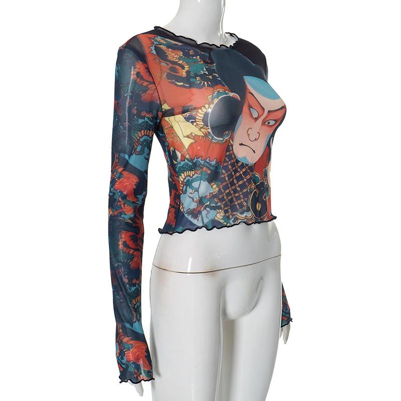 Top de cuello redondo de malla transparente con volantes y estampado de manga larga 