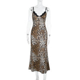 Robe midi à imprimé léopard avec ourlet en dentelle et col en V 