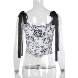 Self tie u neck ribbon print contrast cami top