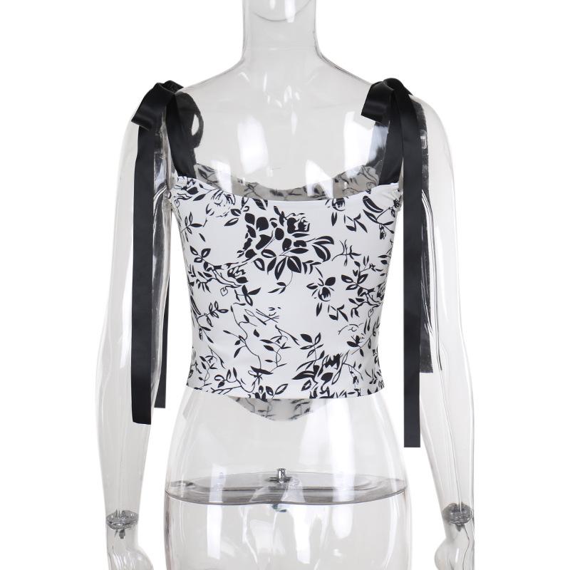 Self tie u neck ribbon print contrast cami top