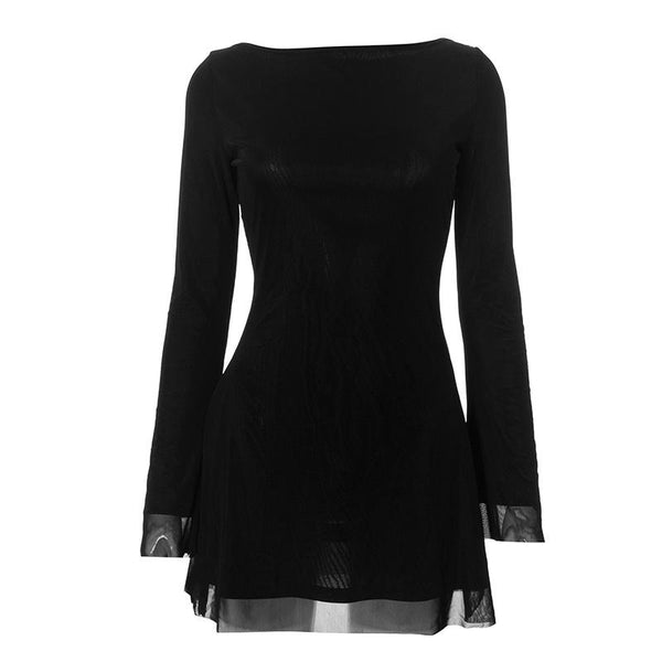 Vestido mini de manga larga con cuello redondo, lazo en la espalda y sin espalda 