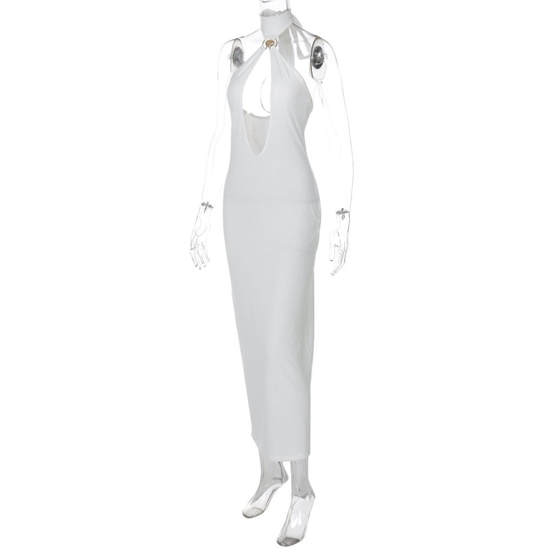 Self tie halter hollow out backless midi dress