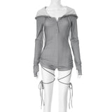 Button long sleeve gloves hoodie hollow out romper