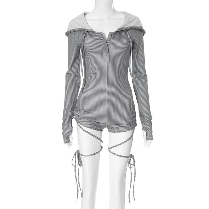 Button long sleeve gloves hoodie hollow out romper