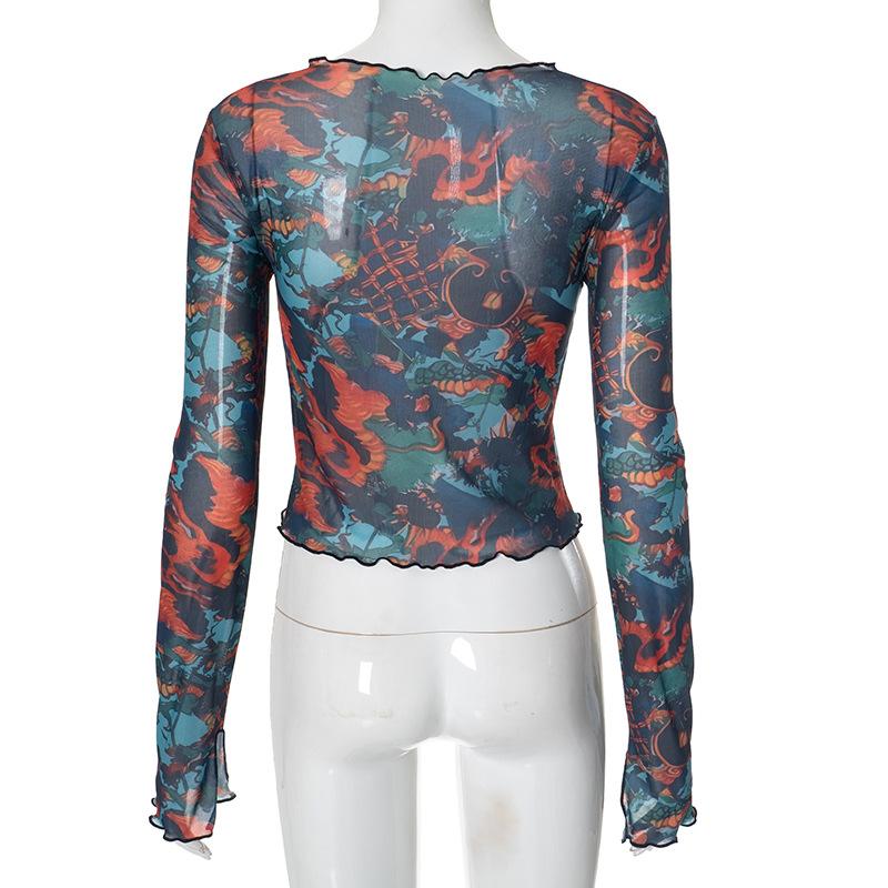Top de cuello redondo de malla transparente con volantes y estampado de manga larga 