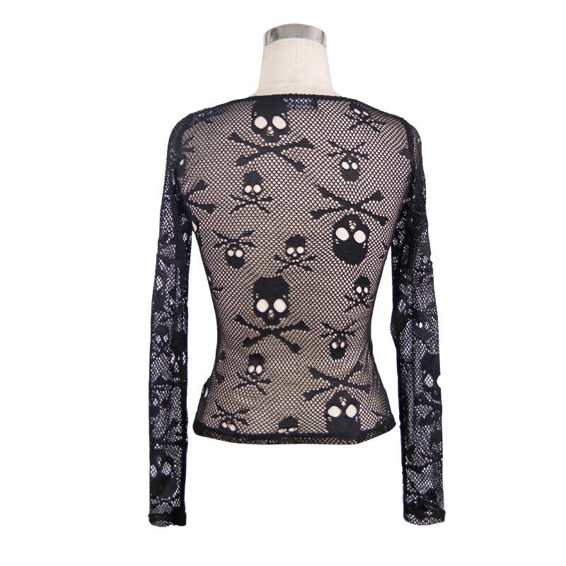 Long sleeve crewneck hollow out skull print fishnet top