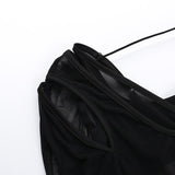 Long sleeve bowknot mesh v neck hollow out top