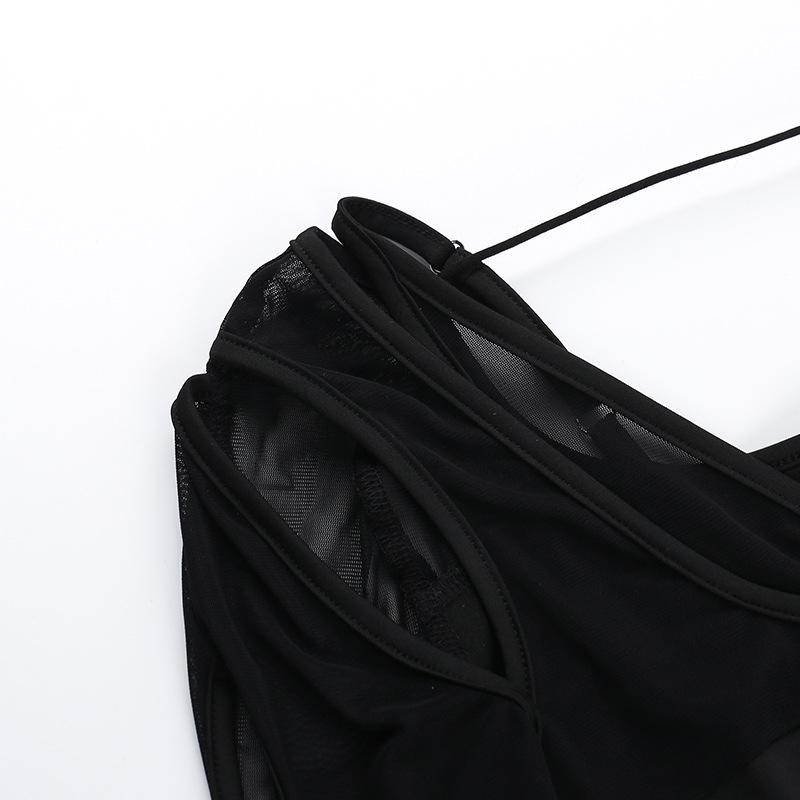Long sleeve bowknot mesh v neck hollow out top