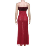 Robe longue tube dos nu en maille patchwork duveteuse 