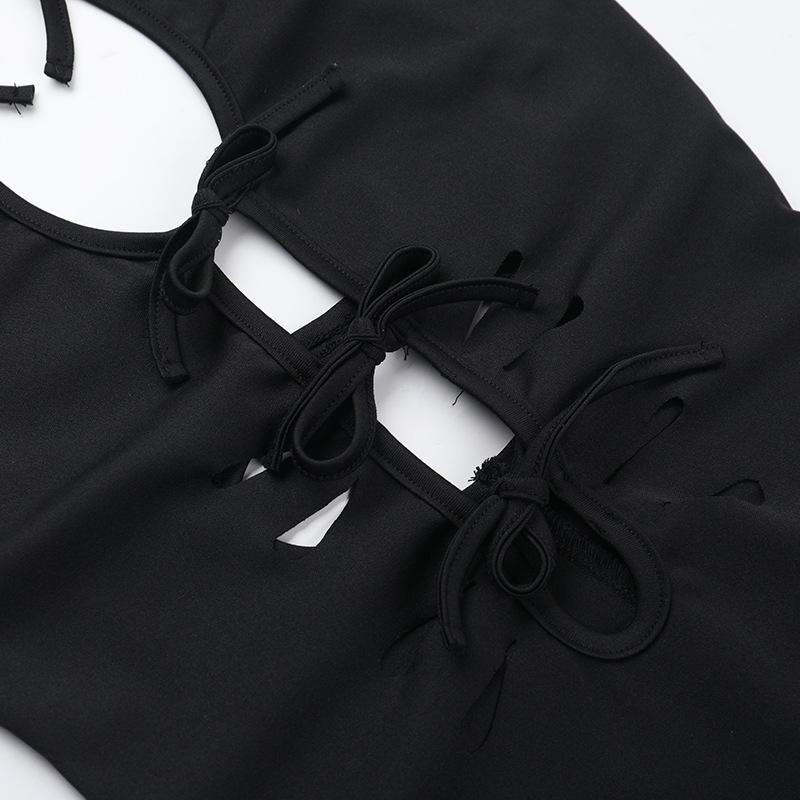 Vestido midi liso con cuello redondo, abertura y lazo 