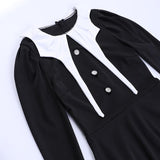 Long sleeve crewneck button applique zip-up midi dress