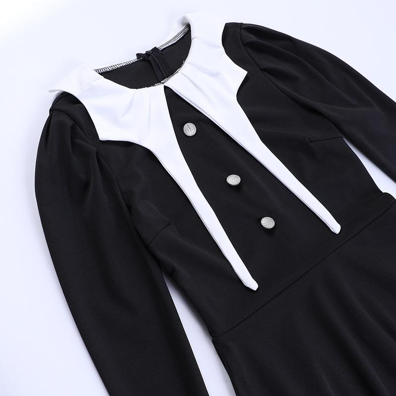 Long sleeve crewneck button applique zip-up midi dress