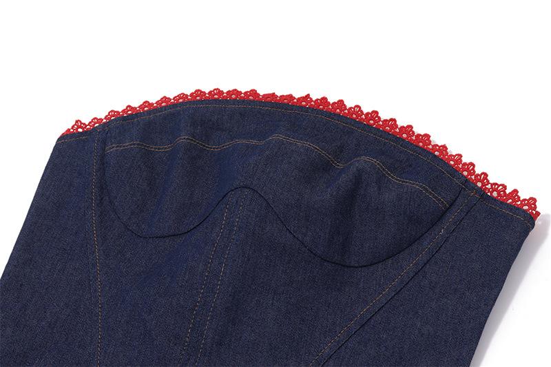 Lace hem lace up corset denim tube top