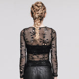 Long sleeve crewneck hollow out skull print fishnet top