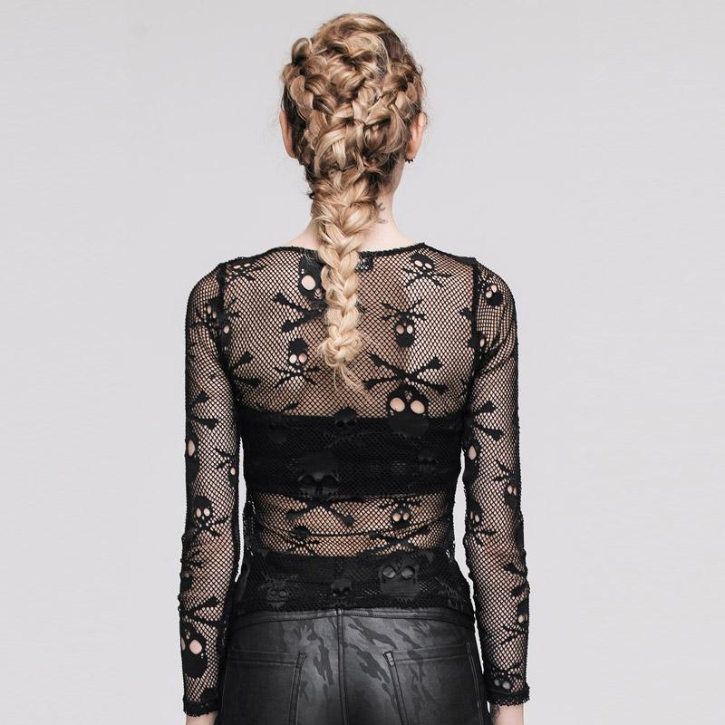 Long sleeve crewneck hollow out skull print fishnet top