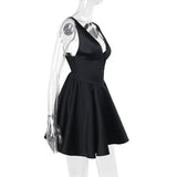 Smocked deep V neck backless cami mini dress