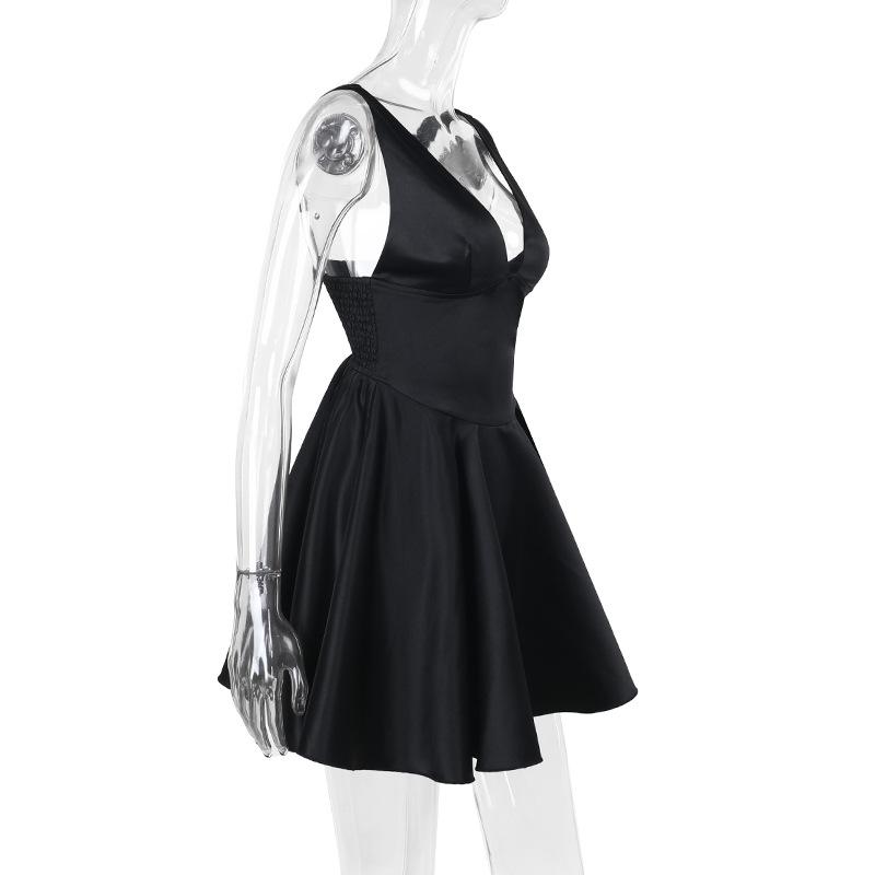 Smocked deep V neck backless cami mini dress