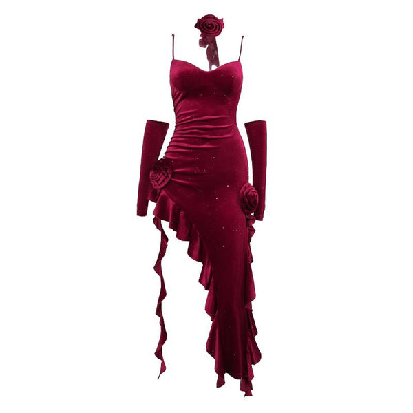 Robe midi en velours à volants et col en V avec appliques florales irrégulières 