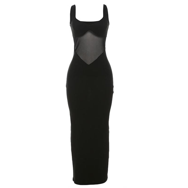 Vestido largo liso de corte bajo con parches de malla y cuello en V 
