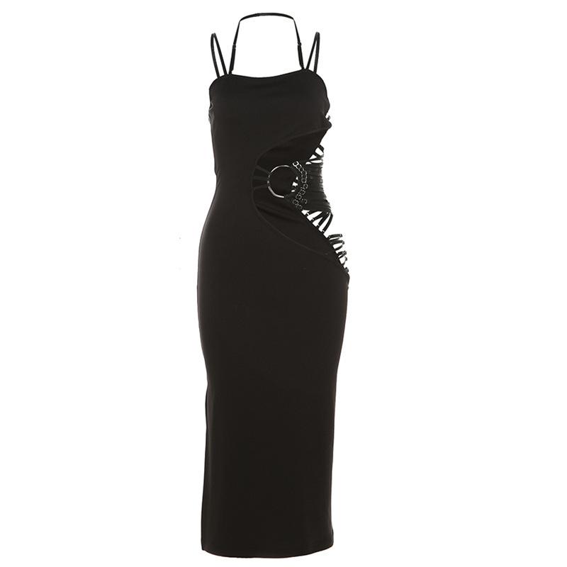 Robe midi irrégulière à col licou et fente en O 