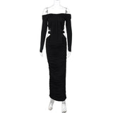 Robe longue ajourée à manches longues et épaules dénudées 