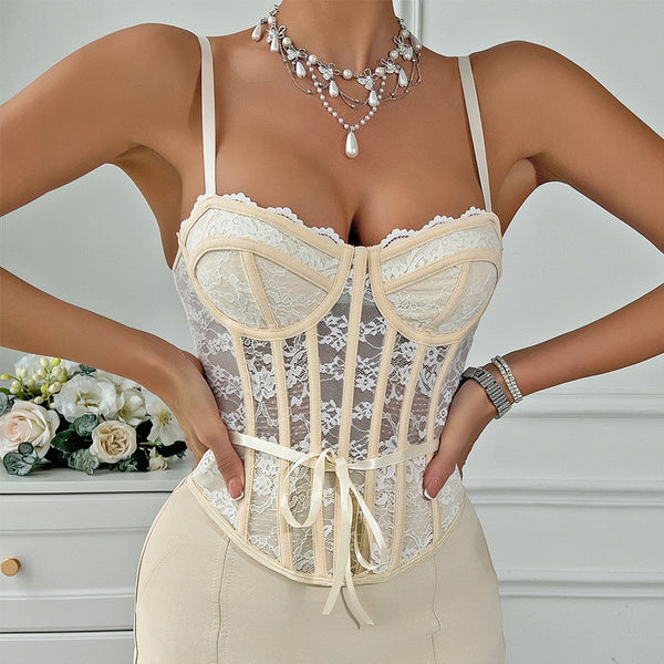 Top camisola sin espalda con lazo y corsé de encaje con cuello en V 