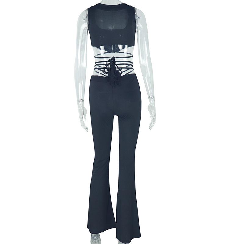 Zip-up self tie ribbed square neck solid pant set