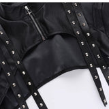 Zip-up long sleeve PU leather rivet applique hollow out top