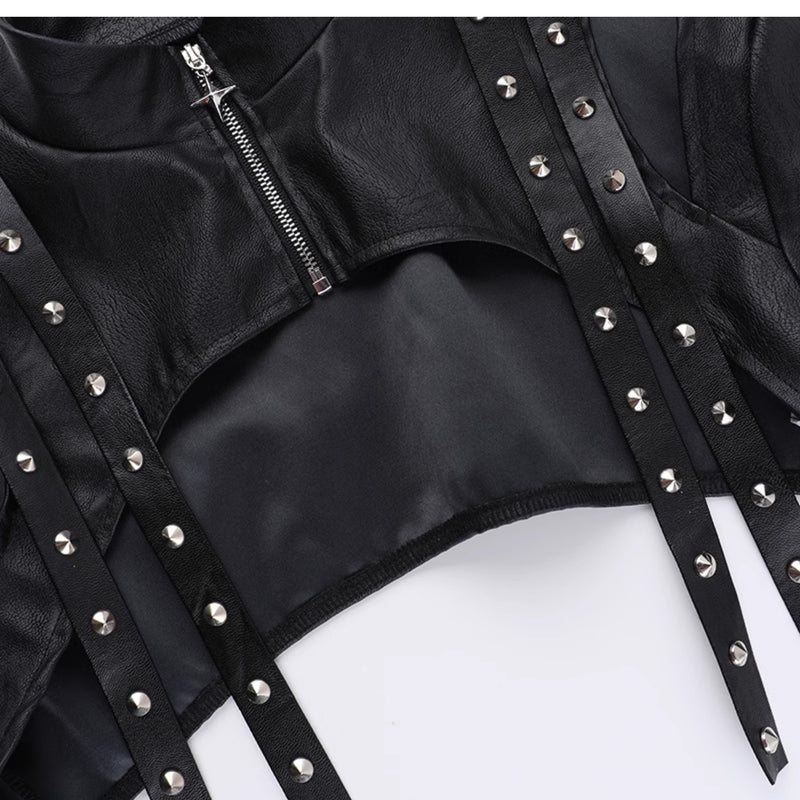 Zip-up long sleeve PU leather rivet applique hollow out top