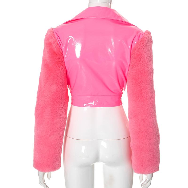 Zip-up long sleeve fluffy turnover collar crop top