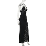 Robe longue froncée à col en V et licou en dentelle 