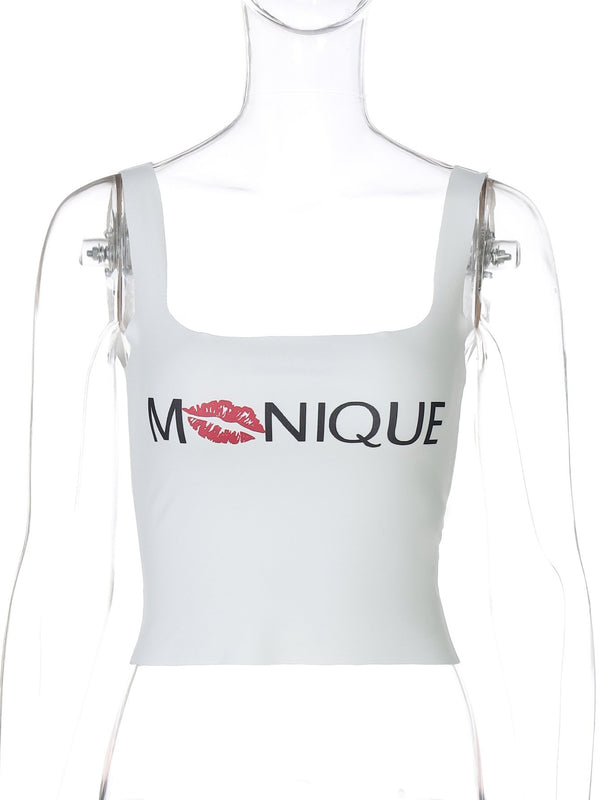 Square neck "MNIQUE" pattern backless cami top