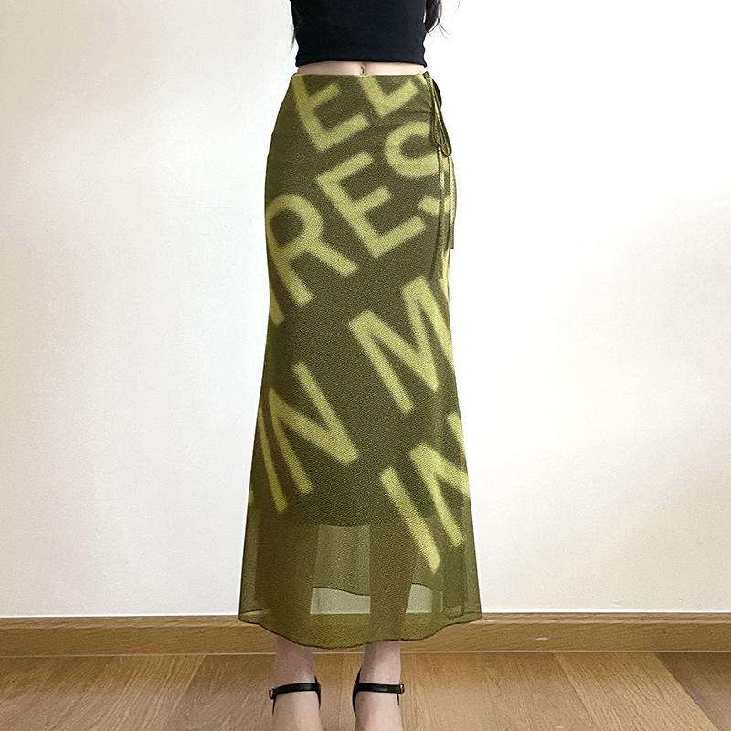 Mesh letter print hollow out self tie maxi skirt