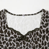 Leopard print long sleeve v neck lace hem bowknot top