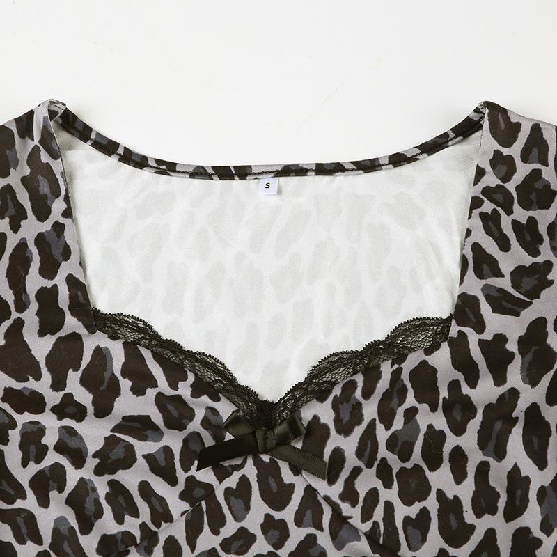 Leopard print long sleeve v neck lace hem bowknot top