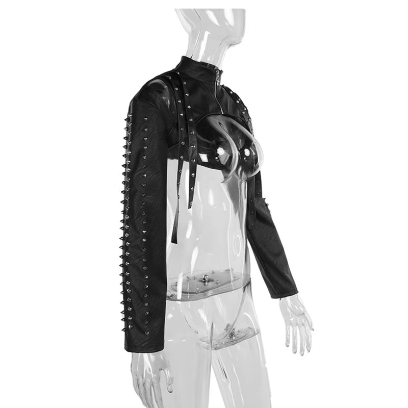 Zip-up long sleeve PU leather rivet applique hollow out top