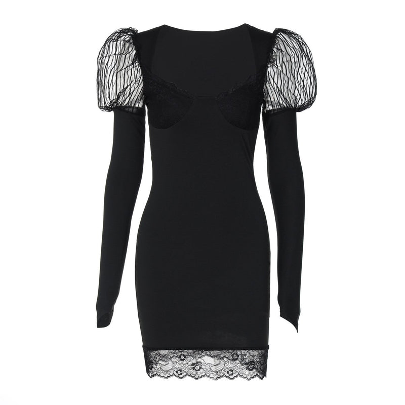 Vestido mini liso con escote en U y manga larga con dobladillo de encaje 
