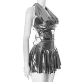 Metallic self tie halter cowl neck backless mini dress