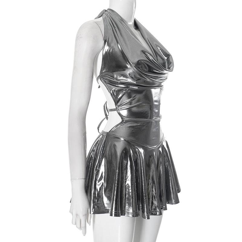 Metallic self tie halter cowl neck backless mini dress