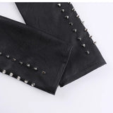 Zip-up long sleeve PU leather rivet applique hollow out top