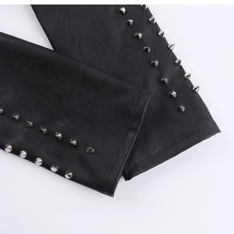 Zip-up long sleeve PU leather rivet applique hollow out top