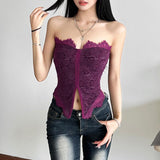 Lace hem slit backless solid tube top