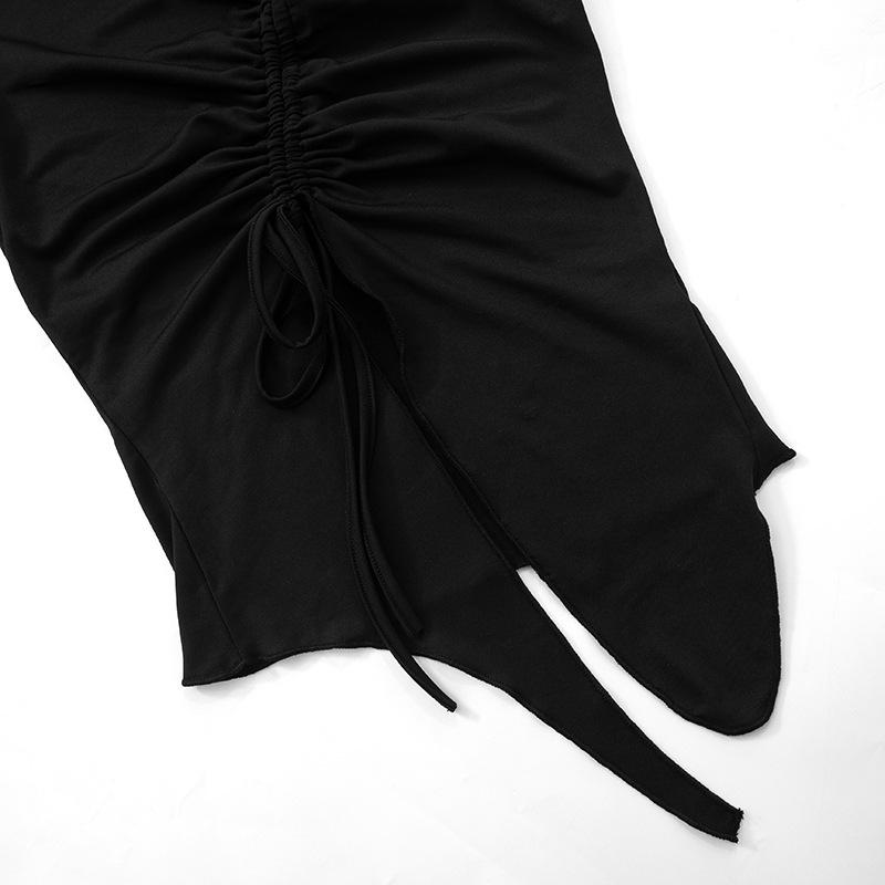 Long sleeve high neck ruched drawstring irregular top