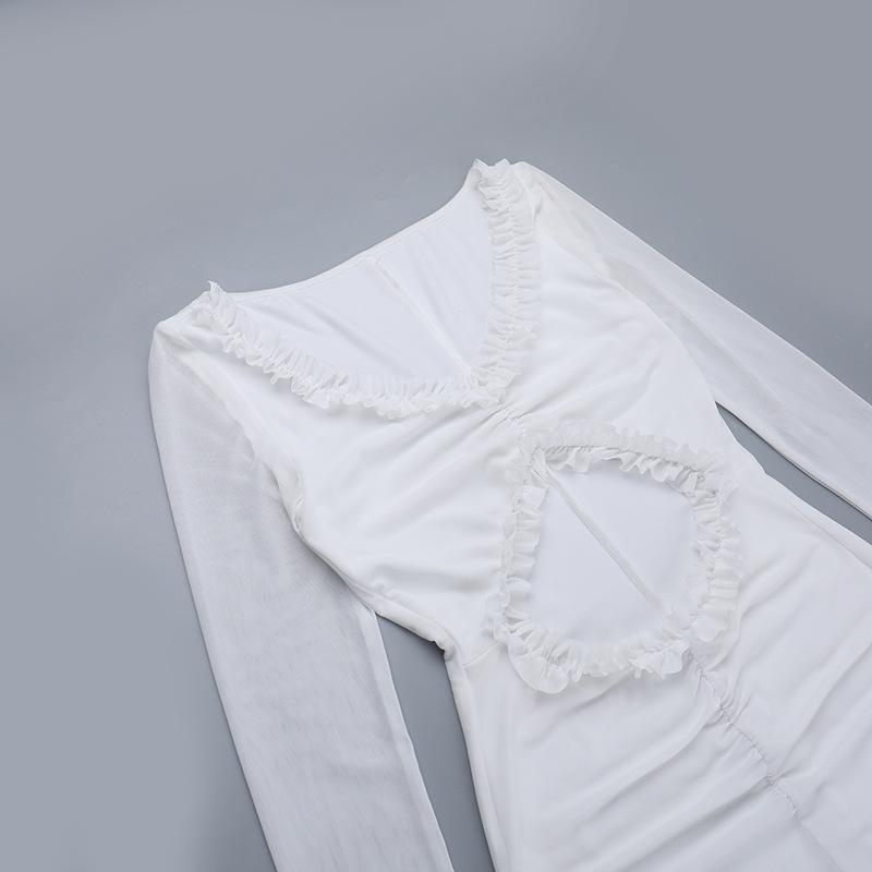 Robe longue en maille à volants et manches longues ajourées 