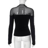 Long sleeve high neck mesh patchwork solid top