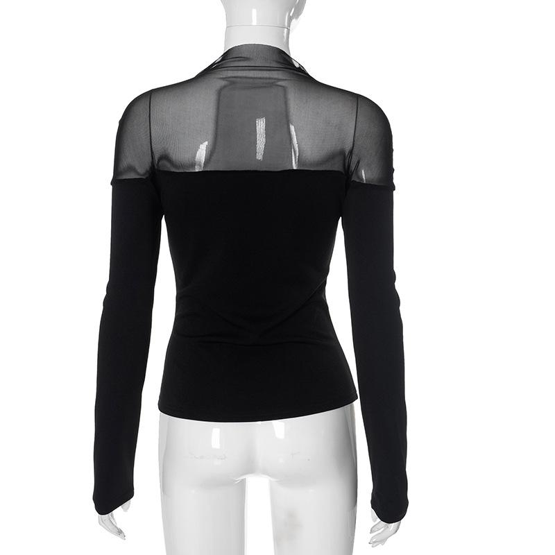 Long sleeve high neck mesh patchwork solid top