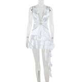 Ruffle deep V neck ruched irregular solid mini dress