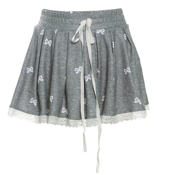 Drawstring lace hem bowknot print A line mini skirt
