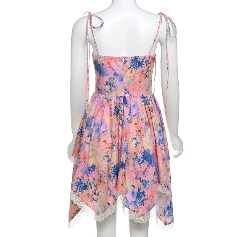 Lace hem zip-up print v neck cami mini dress