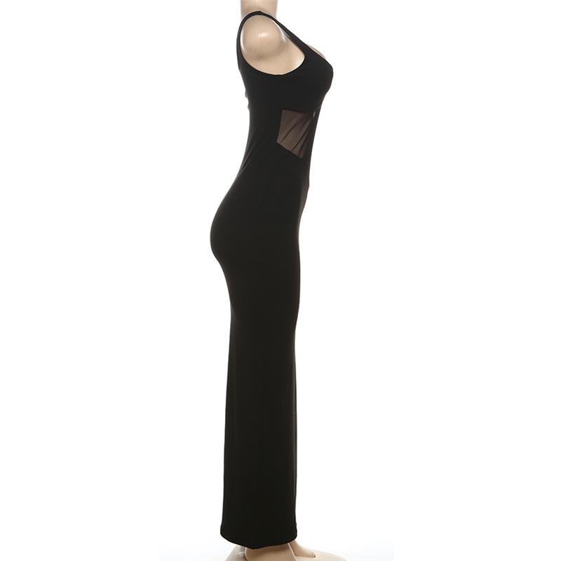 V neck mesh patchwork low cut solid maxi dress